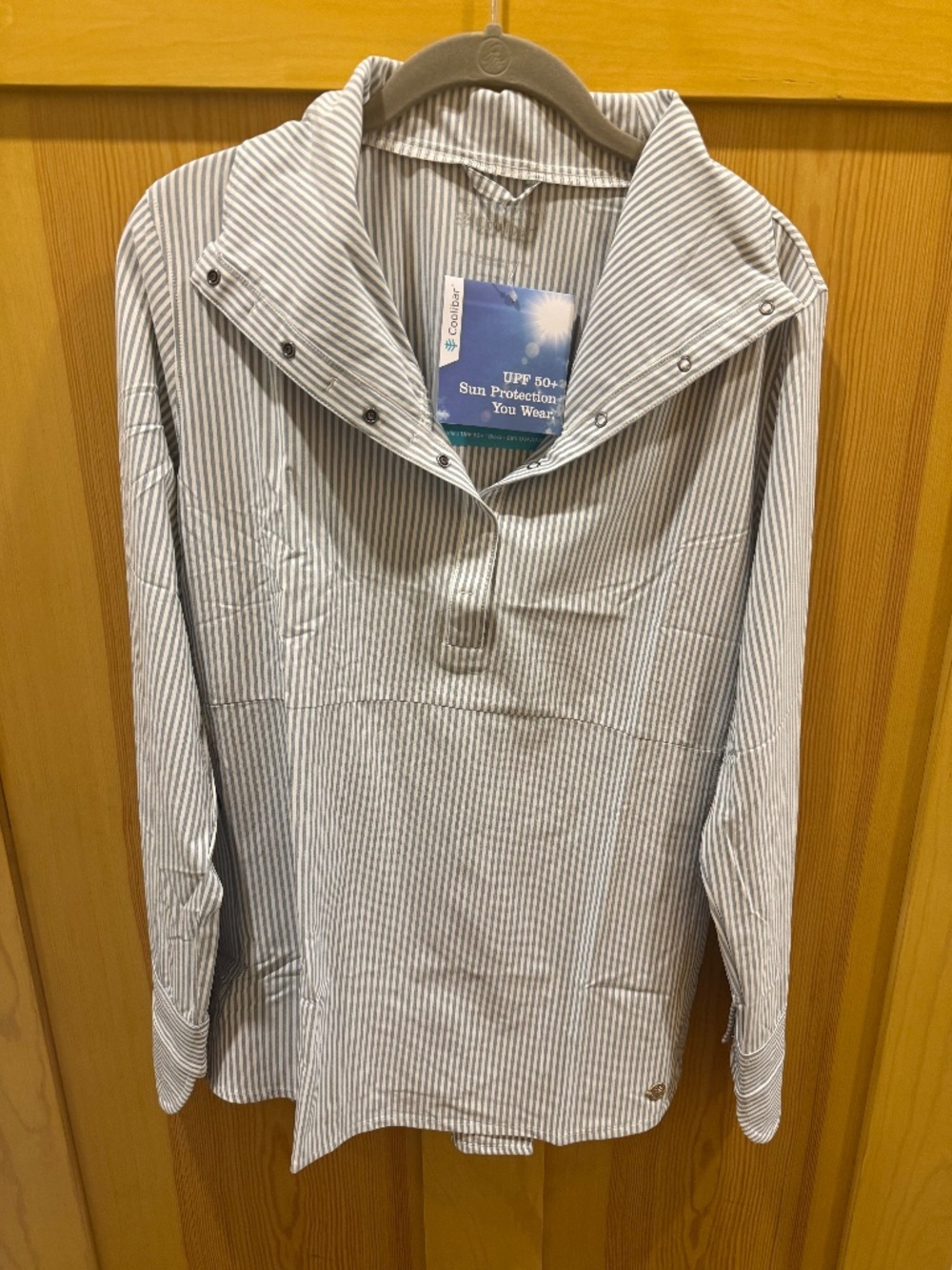 NWT Coolibar Women's Heyday Side Split Shirt Blue White Stripe UPF 50+